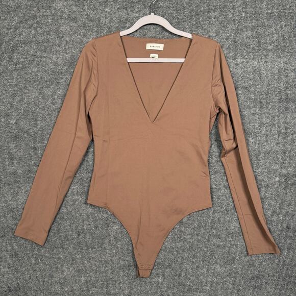 Babaton Womens Size Large Contour V Neck Long Sleeves Bodysuit Brown Nylon Blend - Picture 1 of 9